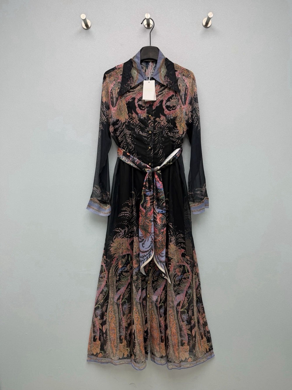 Zimmermann Black Paisley-Print Long Sleeve Maxi Dress with Multicolor Sash